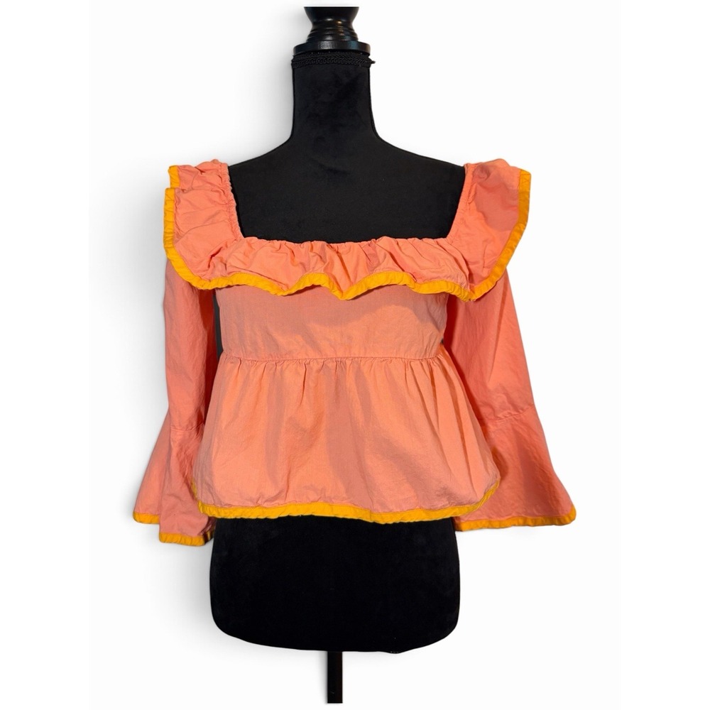 Maeve by Anthropologie Pink Ruffle Square Neck Tie Back 3/4 Sleeve Blouse S - Picture 3 of 11